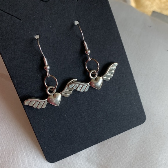 Hearts with wings earrings sterling silver hooks Artisan - Picture 6 of 6